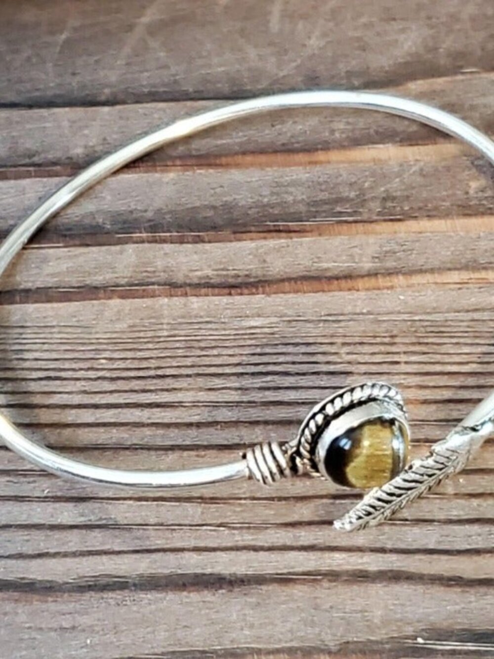 Handcrafted Tigers Eye Carved Leaf Gemstone Sterling Silver Overlay Artisan Cuff - Picture 5 of 7